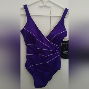 Purple V-Neck Wrapped Swim Top with White Piping